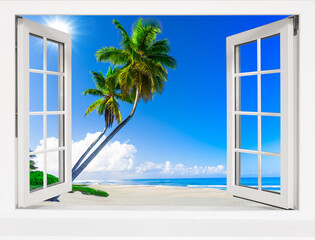 view from an open window to a tropical landscape.