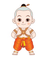 Thai boy in Thai traditional costume. Angel vintage style. vector illustration isolated cartoon hand drawn