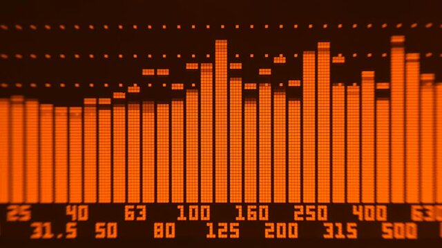 The professional concert equalizer has a yellow spectrum analyzer on the display that analyzes the frequency range of music or any sound and can change it. Closeup