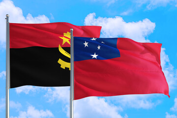 Samoa and Angola national flag waving in the windy deep blue sky. Diplomacy and international relations concept.