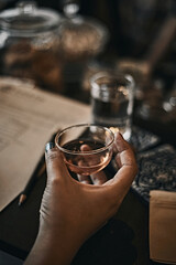 Cafe or bar table with tea.Toned picture
