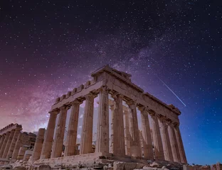 Gordijnen Parthenon ancient temple under dramatic starry sky, Athens Greece © Dimitrios