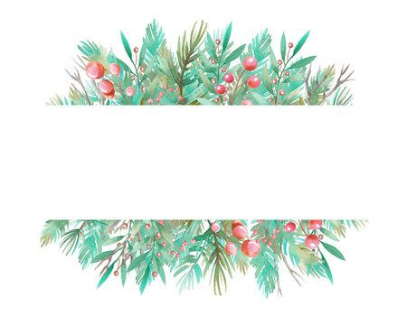 Watercolor illustration of fir and pine branches, berries, dry branches on a white background. Rectangular space for text. © Anastasia