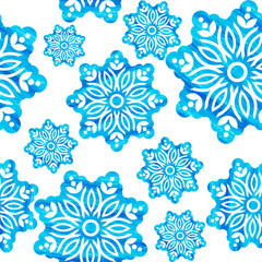 Snowflake watercolor effect seamless pattern. Snow pattern with snowflakes. Festive Christmas and New Year background. Winter vector illustration