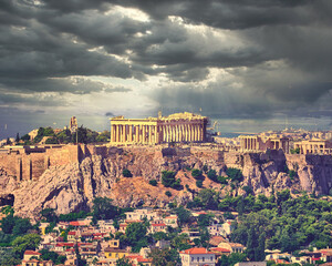 Acropolis and Athens urban area panoramic view under impressive sky, Greece