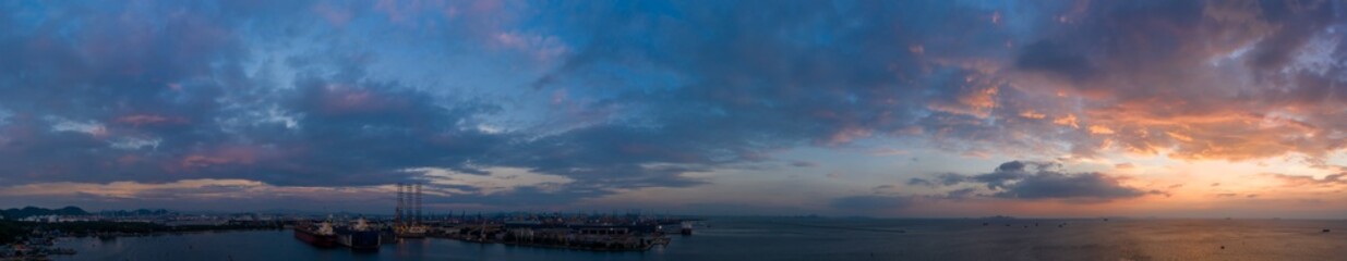 Fototapeta na wymiar panorama 360 seascape and shipping port international at twilight
