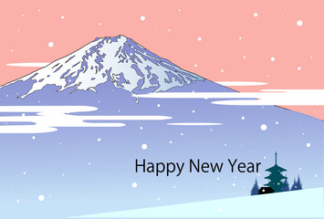 Obraz premium 年賀テンプレート、富士山と寺と雪
