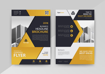 Business abstract vector template for Brochure, Annual Report, Magazine, Poster, Corporate Presentation, Portfolio, Flyer 
with yellow and black color size A4, Front and back