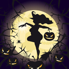 Silhouette of a witch with pumpkin and gift. Fuii moon, trees and pumpkins on the background. Vector illustration.