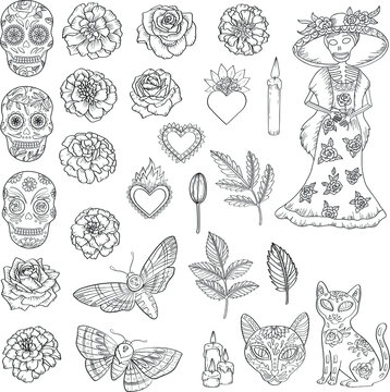 Day of the dead elements set. Black outline style, line art for coloring page