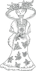Fototapeta na wymiar Day of the dead catrina illustration. Hand drawn black outline sketch