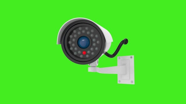 Gray CCTV camera is ON and moving and filming. Animation video on green chroma key