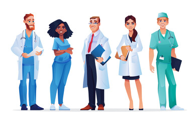 Doctors and nurses healthcare workers team isolated medical staff. Vector males and females in blue scrubs and white coats, with stethoscopes and folders. Group of professional practitioners, surgeons