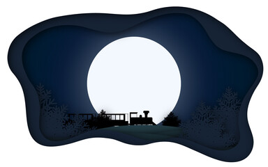 Winter art paper and crafts. Night express. Ttrain against the background of the moon in winter