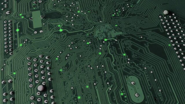 Animation electronic signal move and flash along the surface tracks of the green circuit board. Motherboard close up. Graphical display of the concept of work computer technology.