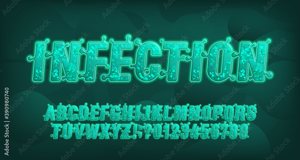 Fototapete infection alphabet font. italic letters and numbers. stock vector typescript for your typography des