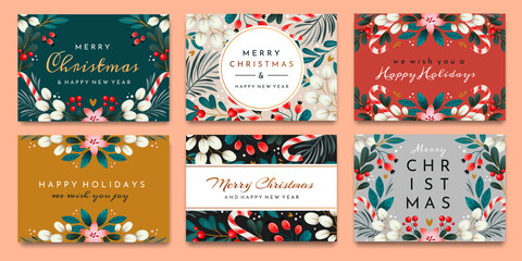 A set of cards with holiday greetings. Christmas cards with ornaments of branches, berries and leaves.