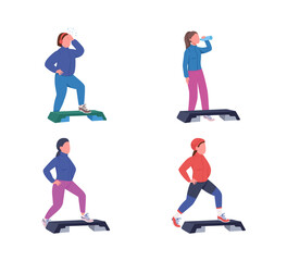 Exercising women flat color vector faceless character set. Fitness workout with deck. Sports training. Step up aerobics isolated cartoon illustration for web graphic design and animation collection