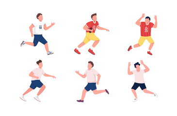 Fototapeta na wymiar Football players flat color vector faceless character set. Athlete running. Man catch ball. Soccer, rugby team. Sportsmen isolated cartoon illustration for web graphic design and animation collection