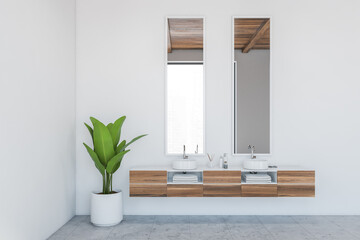 Two sinks with mirror and plan, wooden drawer with towels white wall