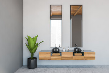 Two sinks with mirror and plant, wooden drawer with towels grey wall