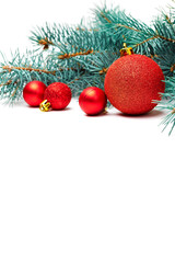 Christmas decorations on the white background with copy space for your text. Vertical photo.