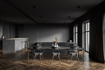 Dark gray kitchen interior with table
