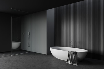 Fototapeta na wymiar Gray and wooden bathroom corner with tub and shower