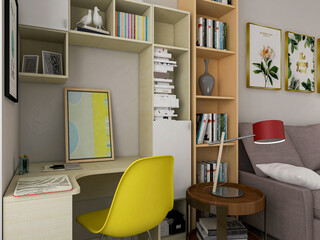 3D rendering. There are wardrobes, cupboards, mirrors and green plants in the study of the family house