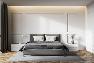 White master bedroom interior with bed