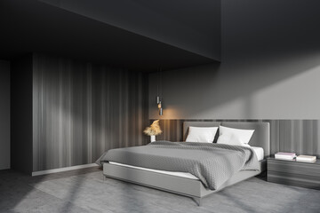 Panoramic gray and wooden master bedroom corner
