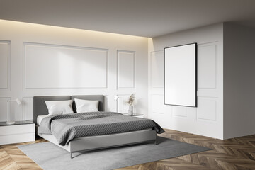 White master bedroom corner with poster