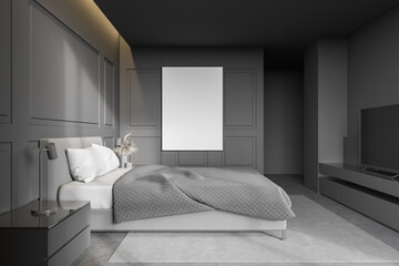 Gray master bedroom interior with poster