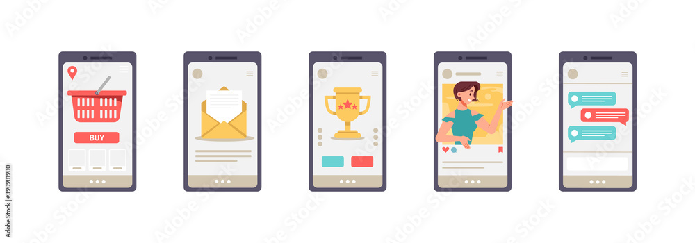 Poster everyday mobile apps on screen of smartphone. isolated set of mobile phone icons showing shop webpag