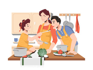 Family cooking together in kitchen, daughter helping mom and dad to prepare food for dinner or breakfast. Girl gives father to try soup, homemade dishes. Parents teaching to cook. Vector in flat style