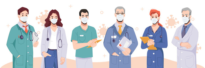 Fototapeta premium Medical workers wearing protective facial masks, fight against covid19. People working in hospital or clinics. Experienced professionals with documents. Cartoon character, vector in flat style