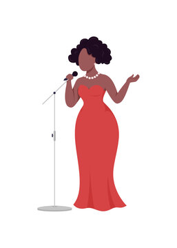 African woman singer flat color vector faceless character. Jazz musician sing in microphone. Karaoke night. Female performer isolated cartoon illustration for web graphic design and animation