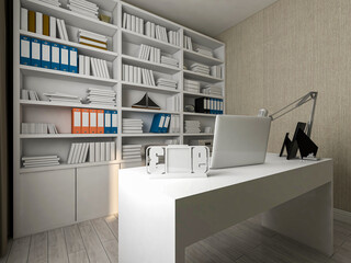 3D rendering. There are wardrobes, cupboards, mirrors and green plants in the study of the family house