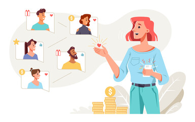 Business program building partnerships and referring friends. Woman and boxes with avatar of people. Getting profit and earning money. Talking and gesturing lady with smartphone showing table vector