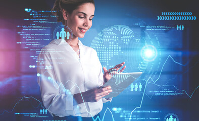 Smiling young woman in office and network interface