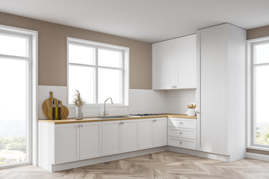 White kitchen corner with cupboards