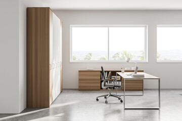 Fototapeta na wymiar White and wooden CEO office interior, side view