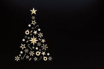 Christmas tree made of golden snowflakes, balls and holiday lights on black background, 3d rendering