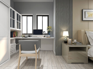 spacious modern residential study design, with laptop, desk, bookshelf and piano.
