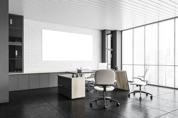 Mockup canvas in white office lobby room with laptop, chairs and table