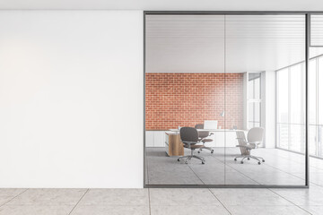 Mockup canvas and office room with glass doors and table with chairs inside