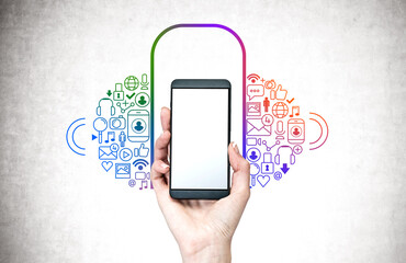 Woman hand with phone and social media sketch