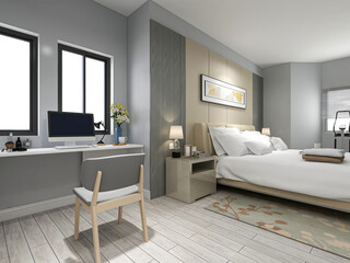  elegant and spacious bedroom design of modern apartment, overcoat cabinet beside the big bed, with dressing table and green plants