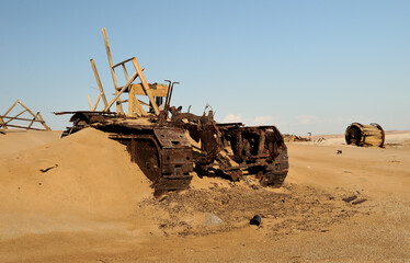 A dead and gone bulldozer on the old diamond diggings in the Namib desert