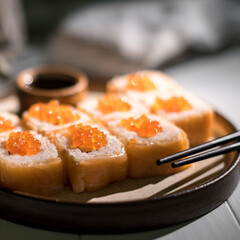 Sushi roll Philadelphia with salmon and caviar